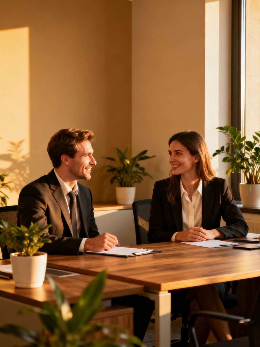 Recruiter and candidate smiling during a job interview in Dubai